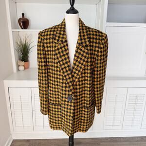 Vintage Rafaella Black and Gold Wool Houndstooth Boyfriend Blazer Size M